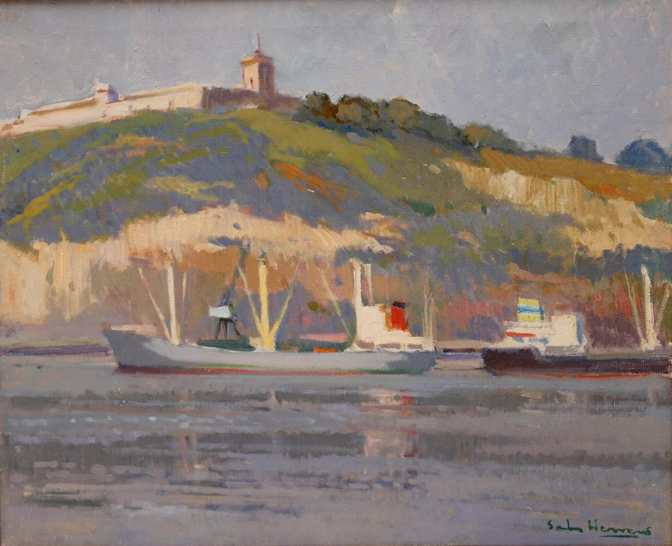 ANTONIO SALA HERRERO. VISTA DE MONTJUIC DESDE EL MAR, óleo sobre lienzo, firmado Sala Herrero. — Paintings — Barcelona Auctions