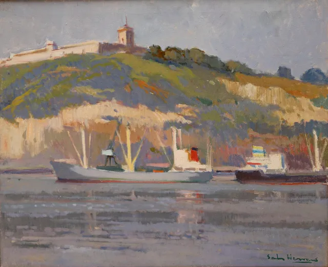 ANTONIO SALA HERRERO. VISTA DE MONTJUIC DESDE EL MAR, óleo sobre lienzo, firmado Sala Herrero.