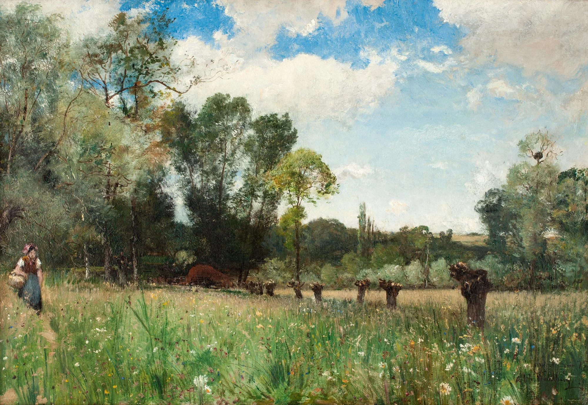 Alfred Wahlberg, Kvinna på blomsteräng, sommarlandskap från Frankrike. — Bukowskis
