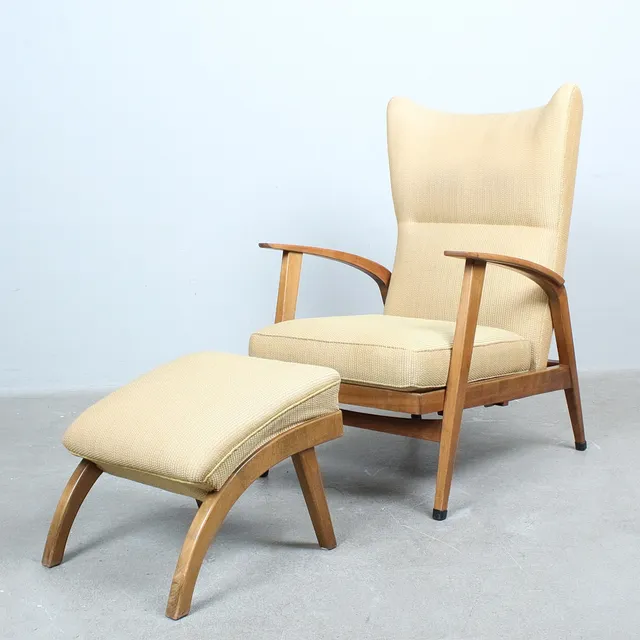 KNOLL ANTIMOTT. Sessel / Lounge Chair und Ottoman, Holz, Stoff, Deutschland, 1950er Jahre (2).