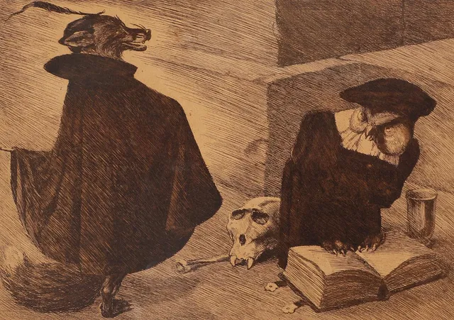 'Legende Satyrbarn (Tamburin)'. 'Faust og Mefistofeles', Opus 28. One signed Louis Moe. One signed in the print. Etching in colours. Visible size 21 × 21.5, 30×40 cm. (2)