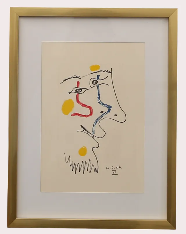 PABLO PICASSO. Efter, färglitografi , mansporträtt märkt 16.5.64 VI, ur "LE GOUT DU BONHEUR" , Schünemann år 1970. Nr 403.