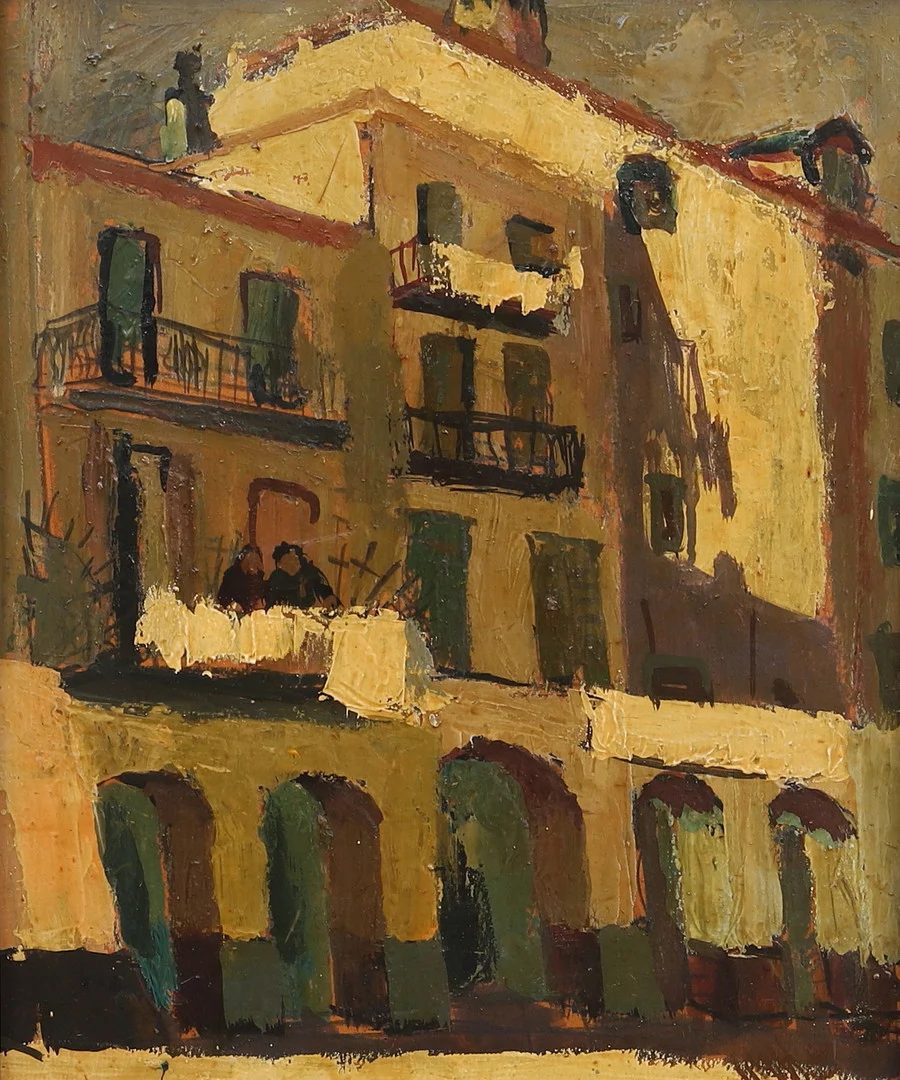 OWE WESSBOHN (1913-1996). Hus med balkonger, olja på pannå, signerad. — Paintings — Garpenhus Auktioner