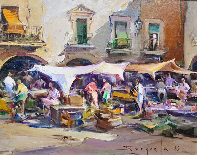 JOSEP SARQUELLA. PLAZA DE MERCADO. ÓLEO SOBRE LIENZO.