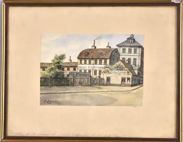 FRANS LINDSTRÖM. akvarell, Stureplan No 20 vid hörnet av Biblioteksgatan.