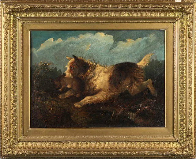 GEORGE ARMFIELD (1808-1893). Hund med hare, signerad G. Armfield, olja på duk.