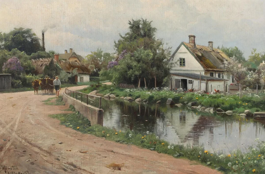 A boy herding cattle by the village pond. Signed P. Mønsted, Lille Karleby. Oil on canvas. 41×61 cm. — Paintings — Bruun Rasmussen