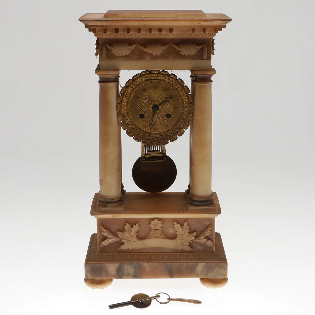 19THC FRENCH ALABASTER PORTICO CLOCK. — Mantel clocks — Lawrences Auctioneers