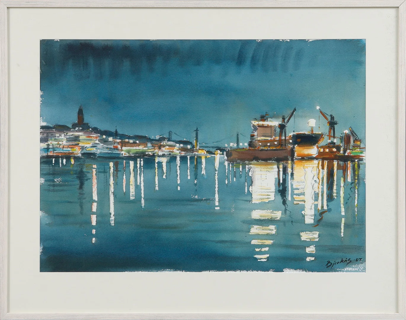 CARL BJERKÅS. "Hamnens ljus". Akvarell, signerad och daterad -07. — Paintings — Göteborgs Auktionsverk