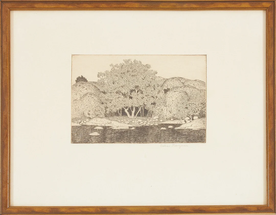 OSKAR BERGMAN. Landskapsmotiv, etsning, signerad. — Engravings & Prints — Stockholms Auktionsverk Sickla