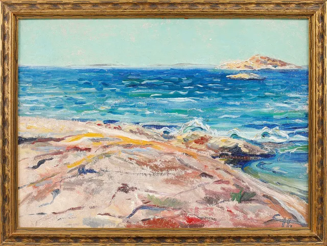 CARSTEN HVISTENDAHL. TILLSKRIVEN. Kustbild, olja på pannå, signerad CH.
