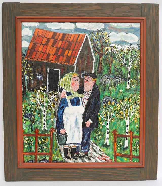 SVEN LIDBERG. Kärlekspar, oljemålning på pannå, signerad.