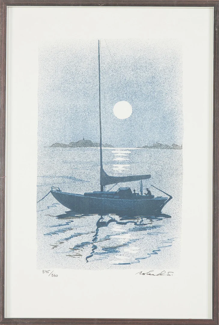 ROLAND SVENSSON. "Båtsnack", litografi, signerad, numrerad 345/360. — Engravings & Prints — Stockholms Auktionsverk Sickla