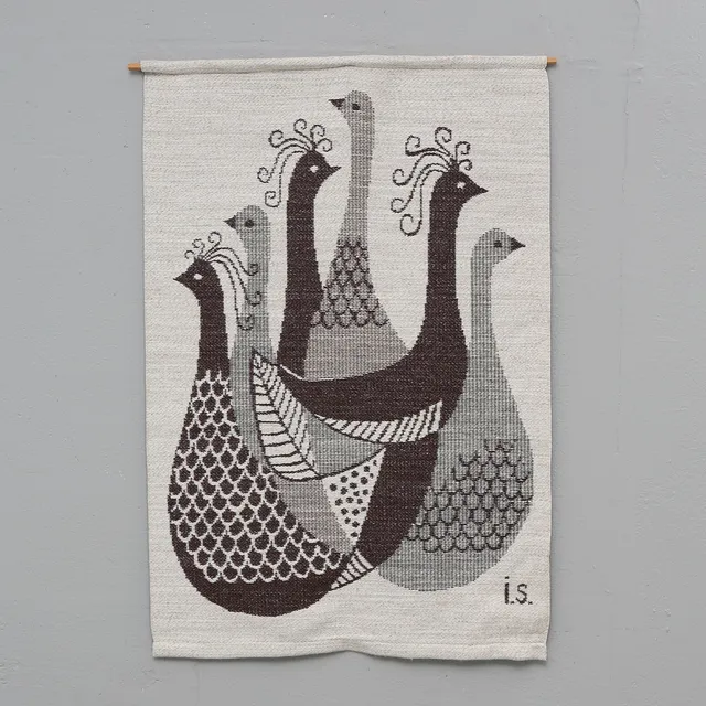 INGALILL SKOGLUND. Väggbonad, ”Fågeldansen”, AB Borås Jacquard, monogramsignerad, ettikettmärkt.