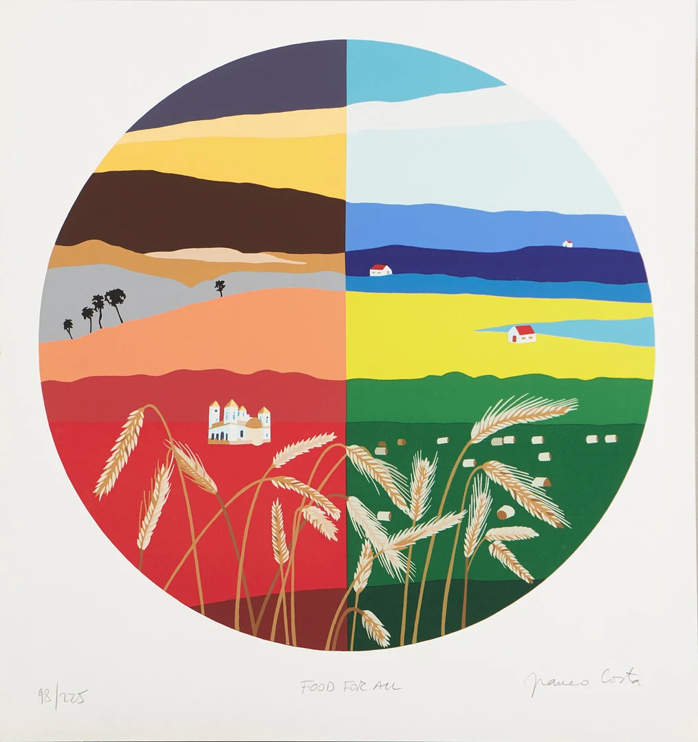 FRANCO COSTA. "Food for all", signerad och numrerad 98/225, färgserigrafi. — Engravings & Prints — Stockholms Auktionsverk Magasin 5
