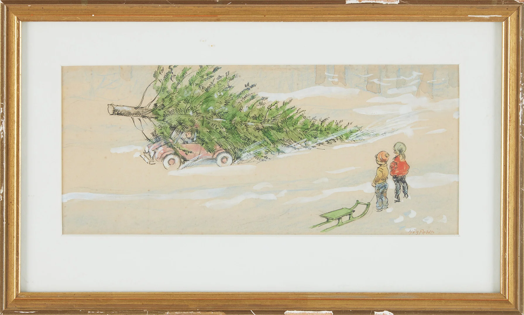 ROBERT HÖGFELDT. "Julgranshämtning" blandteknik med akvarell, tusch och färgkrita på papper. — Paintings — Stockholms Auktionsverk Magasin 5