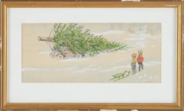 ROBERT HÖGFELDT. "Julgranshämtning" blandteknik med akvarell, tusch och färgkrita på papper.