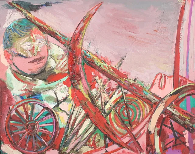 HUBERTUS GIEBE (1953). 'Der Wagen', 1990, Öl auf Leinwand, signiert.
