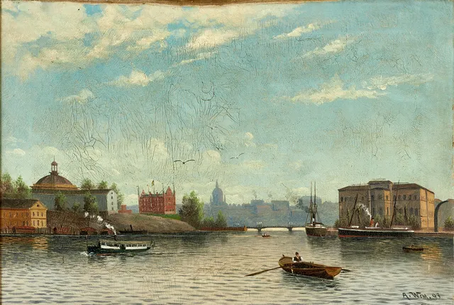 ALFRED WETTERSTRÖM (Sverige, 1863-1934), Vy över Nationalmuseum och Skeppsholmen, monogramsignerad och daterad A Wsm 93, olja på duk.