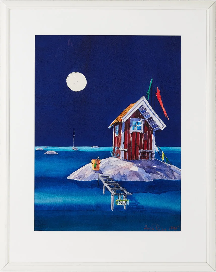 ARIANA RAMHAGE. Röd stuga i skärgården, akvarell, signerad, daterad 1997. — Paintings — Stockholms Auktionsverk Magasin 5
