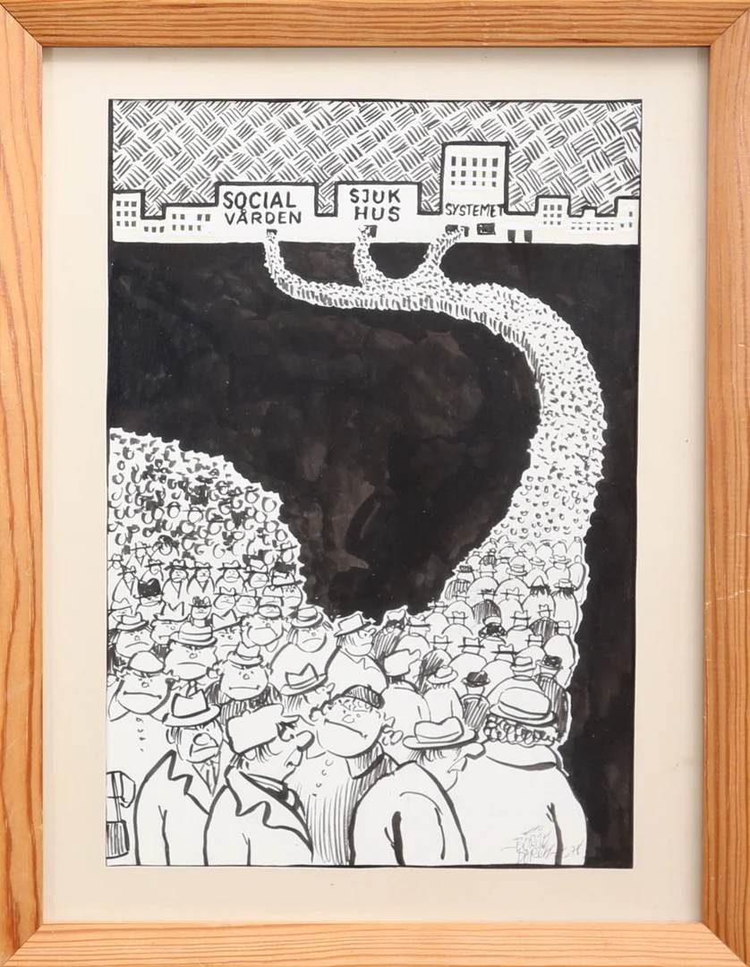 BÖRJE DORCH. Skämtteckning, tusch, signerad och daterad -78. — Drawings — Auktionshuset Thelin & Johansson