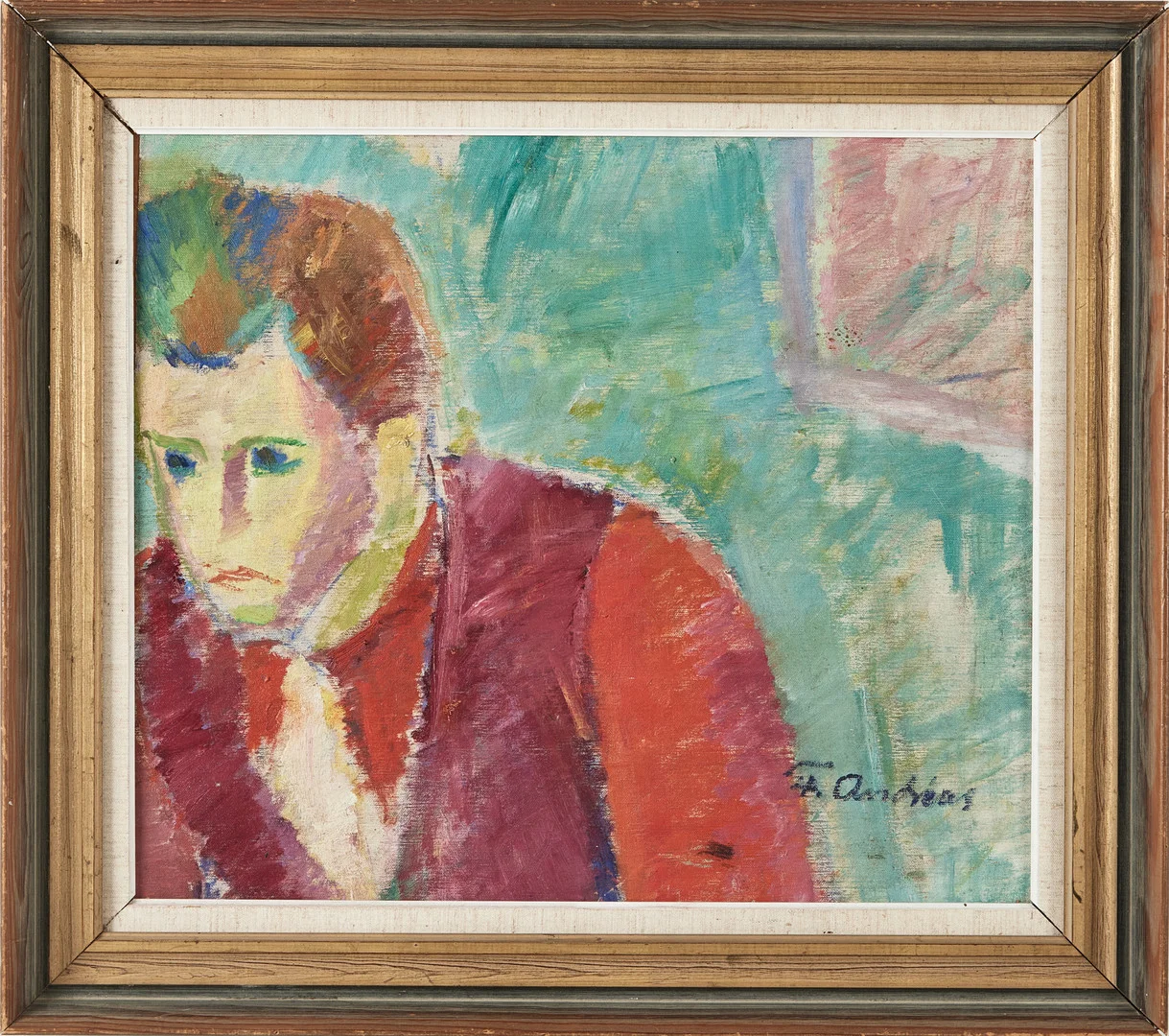 FOLKE ANDRÉASSON. Man i rött, olja på duk fäst mot pannå, signerad F Andréas. — Paintings — Stockholms Auktionsverk Magasin 5