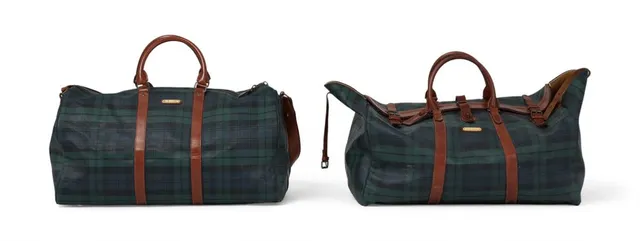 A set comprising of two travel bags with blue-green checkered coated canvas, brown leather trim, gold tone hardware, two handles, various leather straps, baggage tags, an adjustable shoulder strap (1), a compartment with a zip pocket (1) and beige microfibre lining. H. 37 x W. 65 x D. 40 cm. (With shoulder strap) and H. 27 x W. 60 x D. 40. (Without shoulder strap). (2)