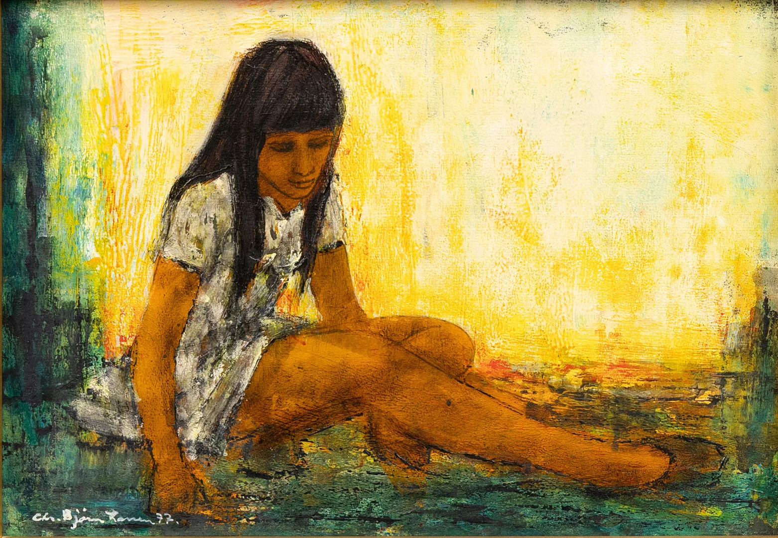 CHRISTIAN BJÖRN LARSEN (1931-1993). Sittande flicka, olja på pannå, signerad och daterad -77. — Paintings — Garpenhus Auktioner