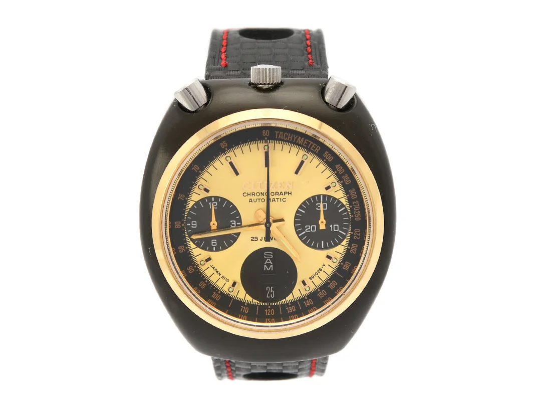 CITIZEN, s.k. "Bullhead", "Tachymeter", Cal 8110 A, Serie nr. 60513154, Boett nr. 4-901134 K / GN-4W-S / 67-9143, kronograf, herrur, 38,5 x 42,5 mm, bicolour, automatisk, mineralglas, dag, datum, läderband, ca 1976. — Klockor/Citizen — Kaplans