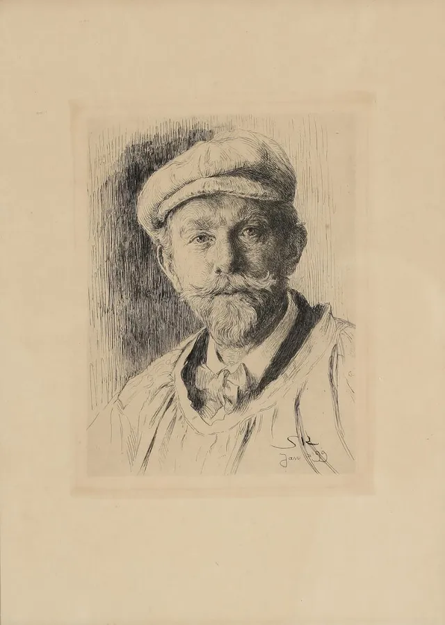 P. S. Krøyer: The artist's self-portrait. Signed and dated in print S. K. Jan 99. Etching. Visible size 35×27 cm.