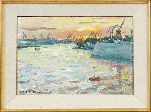 GEORG LODSTRÖM. Göteborgs hamn, olja på duk, signerad och daterad 65.