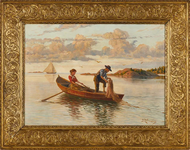 PETER ADOLF PERSSON (1862-1914): Skärgårdsbild, Fiskenät läggs ut, signerad , olja på duk.