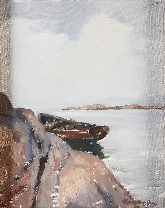 PETER KENNEDY. Oljemålning på duk. Skärgårdsmotiv med förtöjd eka. Signerad.