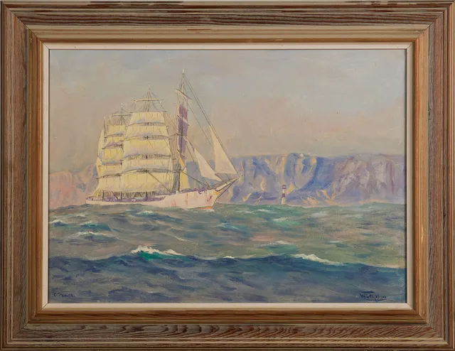 ALEXANDER WILHELMS (1886-1972), Kustvy med skepp, signerad, olja på duk.
