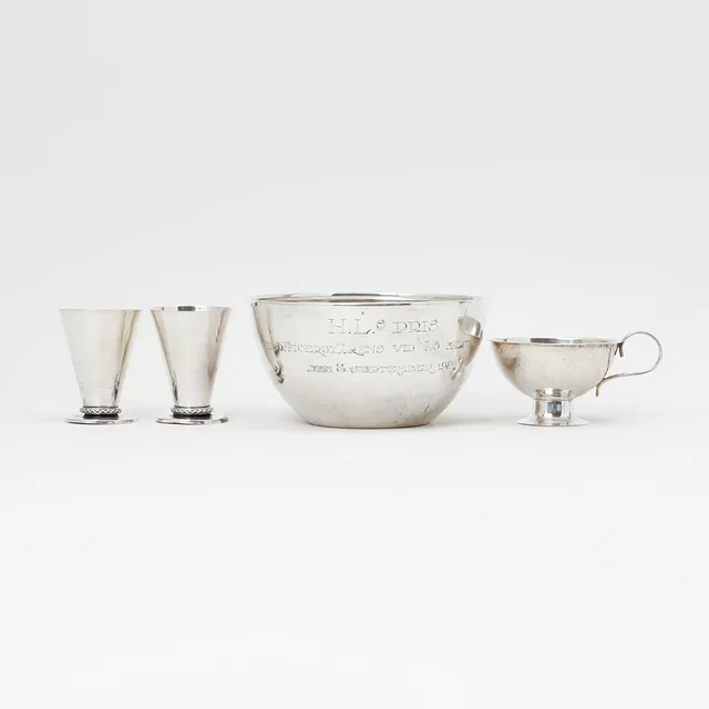 SKÅL, BÄGARE samt GLAS, 2 styck, silver. 195 gram.