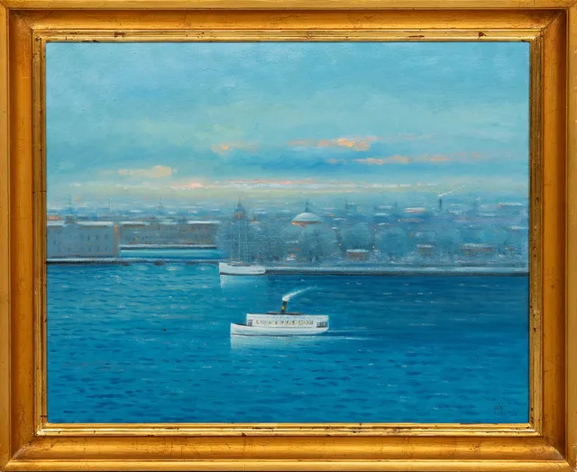 BENGT FRANSSON (1935-). "Snödis över staden Stockholm", olja på duk, signerad.