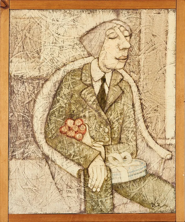 BENGT BORG (1931-1994): Friaren, monogramsignerad BB, collage/mixed media på pannå.