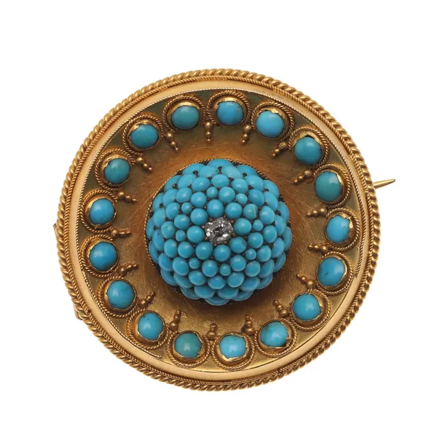 A VICTORIAN TURQUOISE, DIAMOND AND GOLD BROOCH.