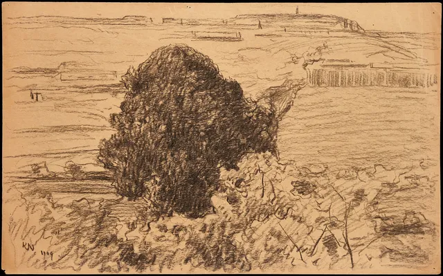 KARL NORDSTRÖM (Tjörn 1855-1923 Drottningholm). Vidsträckt landskap från Bohuslän, signerad, daterad 1909, kol på papper.