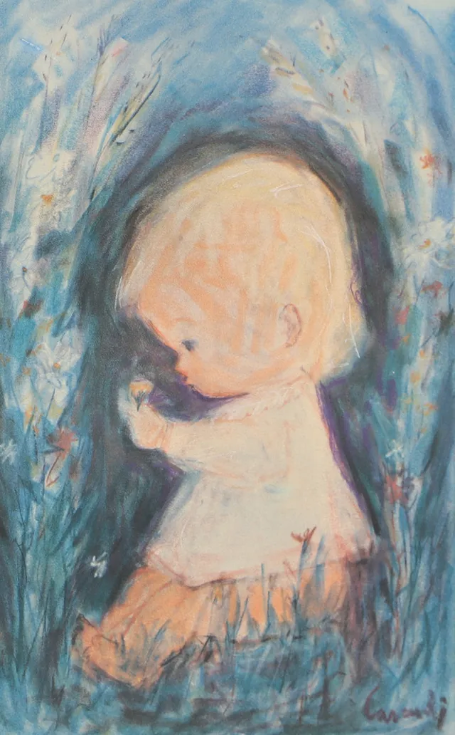 KURT CARENDI. Litet barn med blomma, pastell, signerad Carendi.