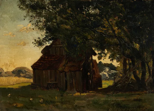 REINHOLD NORSTEDT (1843-1911) ”Gammal stuga, Helsön, Strömstad”, signerad ’Reinhold Norstedt’ samt betitlad och daterad ’Strömstad Helsön 12 Juli 1880’, olja, duk på träpannå.