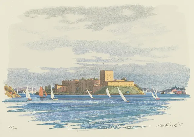 ROLAND SVENSSON (1910-2003): "Vaxholms kastell", signerad roland S, 85/360, färglitografi.