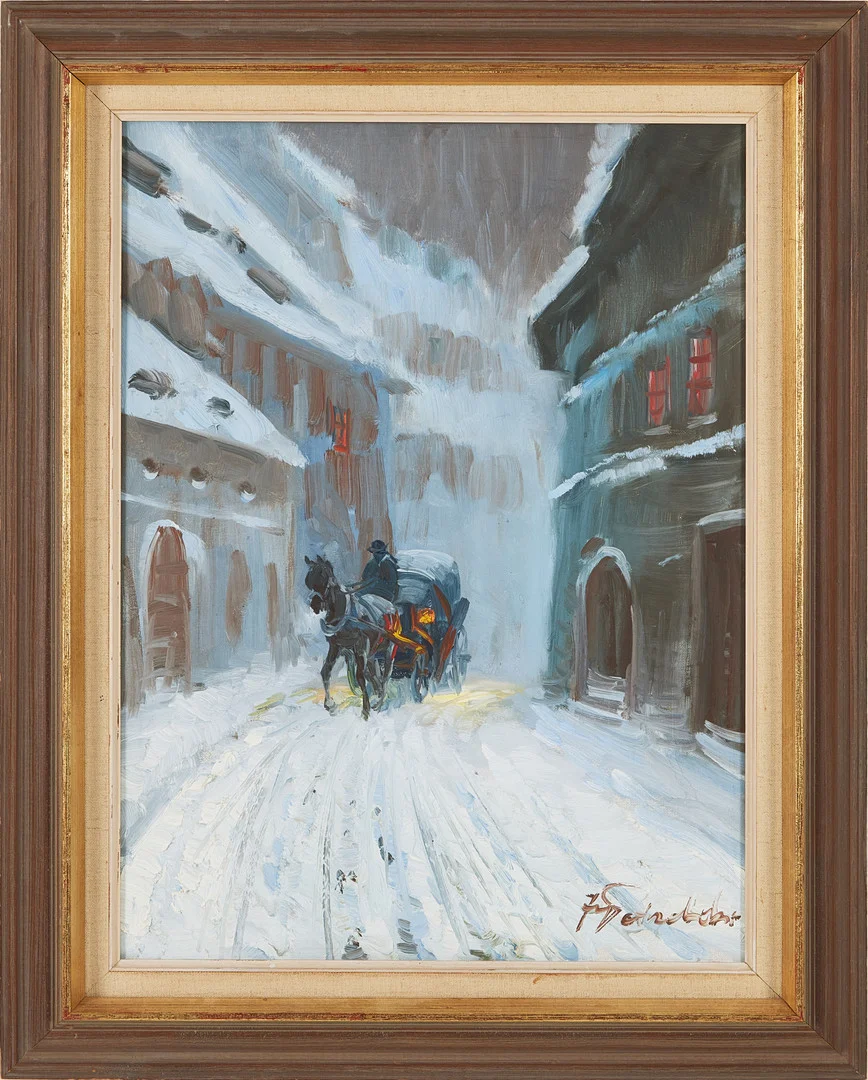 JERZY POTRZEBOWSKI (Polen 1921-1974): Stadsgata med droska, olja på duk, signerad. — Paintings — Stockholms Auktionsverk Magasin 5