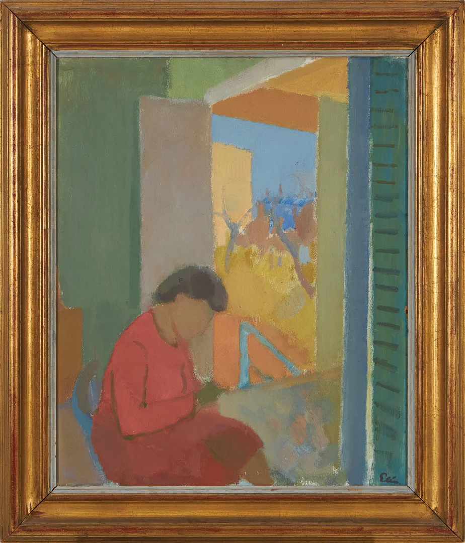 INGVAR ELÉN. Kvinna i dörröppning, olja på pannå, signerad. — Paintings — Stockholms Auktionsverk Magasin 5