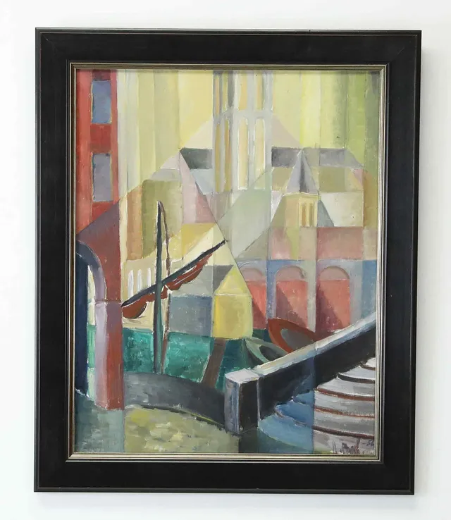MARTHE BOHM. Olja på pannå, " Kanal i Chioggia" signerad och daterad 1956.
