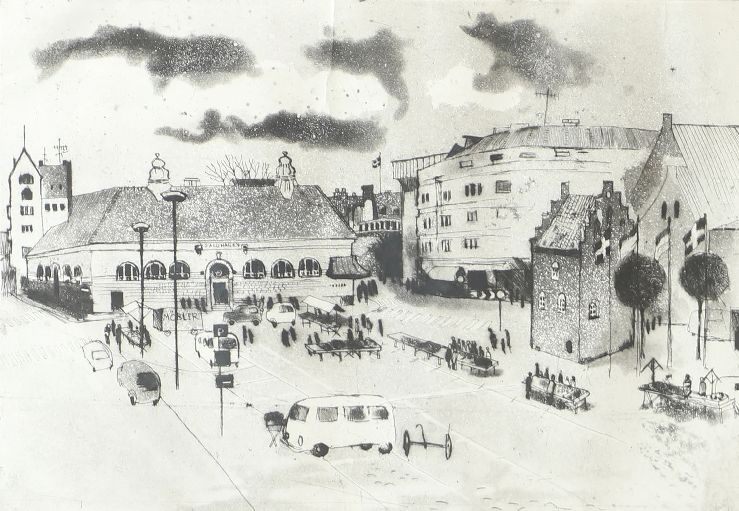 INGER KIHLMAN. Torgmotiv, etsning, signerad -76. — Engravings & Prints — Helsingborgs Auktionskammare