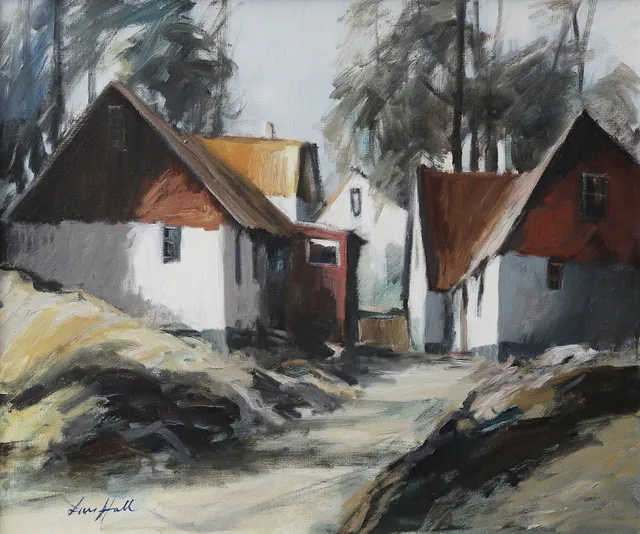 LARS HALL. Gårdsmotiv, olja på duk, signerad.