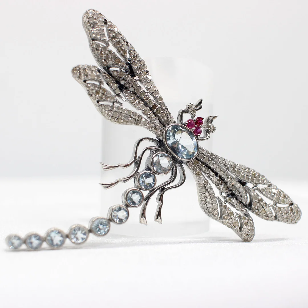 AQUAMARINE, DIAMOND & RUBY DRAGONFLY BROOCH. — Brooches & Pendants — Rumsey’s Auctioneers