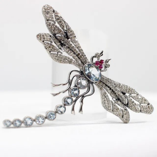 AQUAMARINE, DIAMOND & RUBY DRAGONFLY BROOCH.