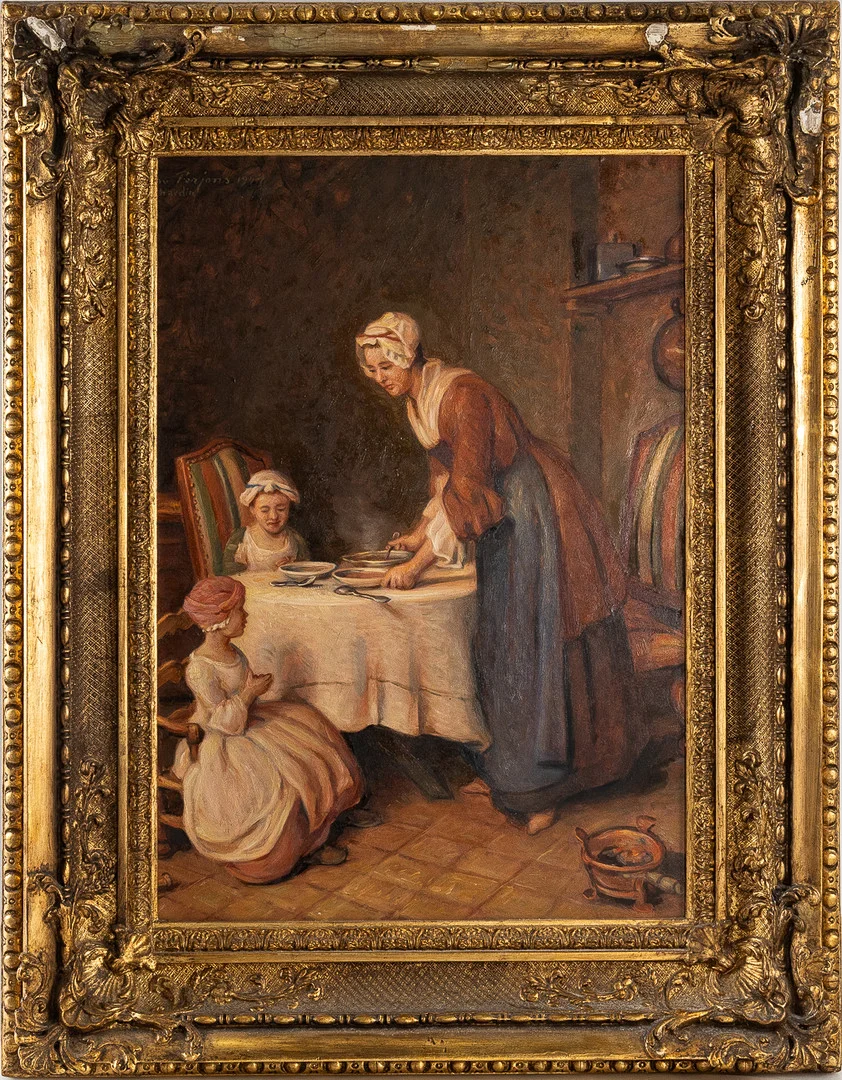 PER-HILDING PERJONS (1911-1998). Interiör med kvinna och barn, olja på pannå. — Engravings & Prints — Stockholms Auktionsverk Helsingborg